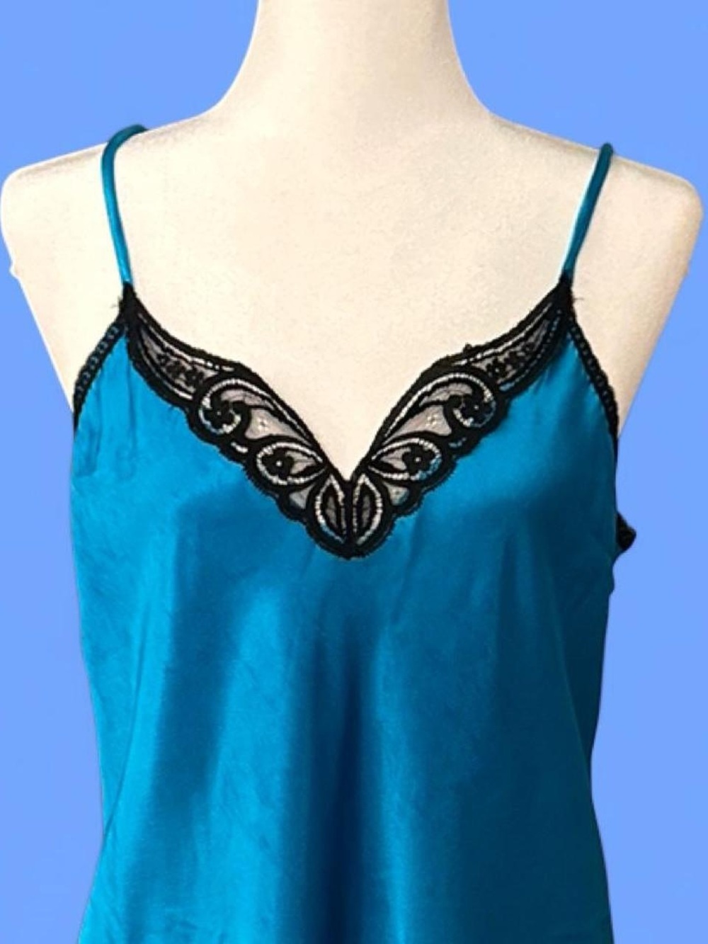 Teal Satin Lace-Trim Camisole with Black Embroidery